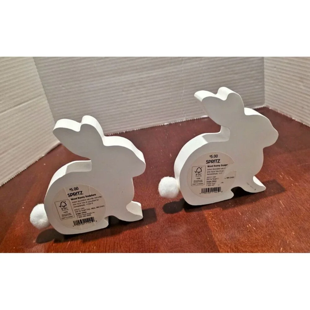 Spritz Wooden Bunny Figurines Colorful Floral Pattern Plush Tail Set of 2